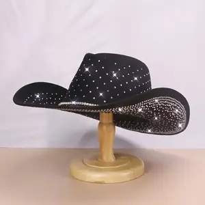 1pc Women'S Stylish Black Denim Cowboy Hat with Sparkling Stars & Rhinestones - Breathable, Adjustable Drawstring, Perfect for Weddings, Parties, Stage Performances & Accessory