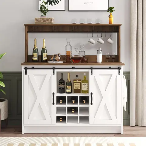 HOMBCK Sturdy Farmhouse Meets Modern Wood Coffee Bar Cabinet (47in) - Home Furniture with Sliding Barn Door, Easy-to-Clean Padded Top, Open Storage Shelves, Wine Buffet Organizer