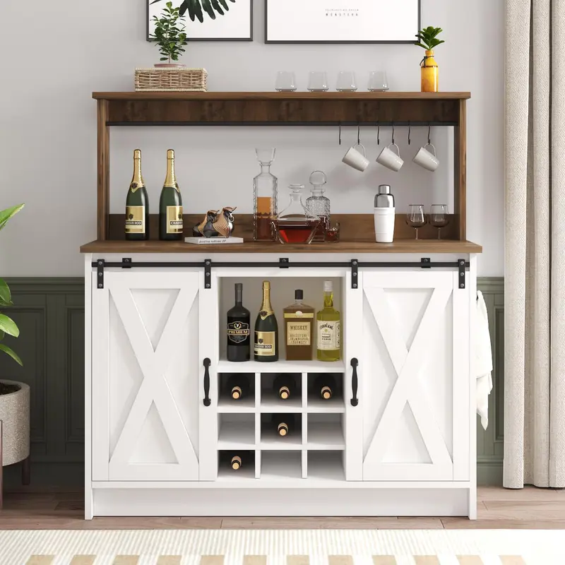HOMBCK Sturdy Farmhouse Meets Modern Wood Coffee Bar Cabinet (47in) - Home Furniture with Sliding Barn Door, Easy-to-Clean Padded Top, Open Storage Shelves, Wine Buffet Organizer