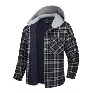 Men's Soft Comfortable Lightweight Flannel Hooded Jacket, Quilted Lined Plaid Cotton Button Down, Adjustable Cuffs, Multi-Pocket Windproof Casual Fashion Shirt Jacket