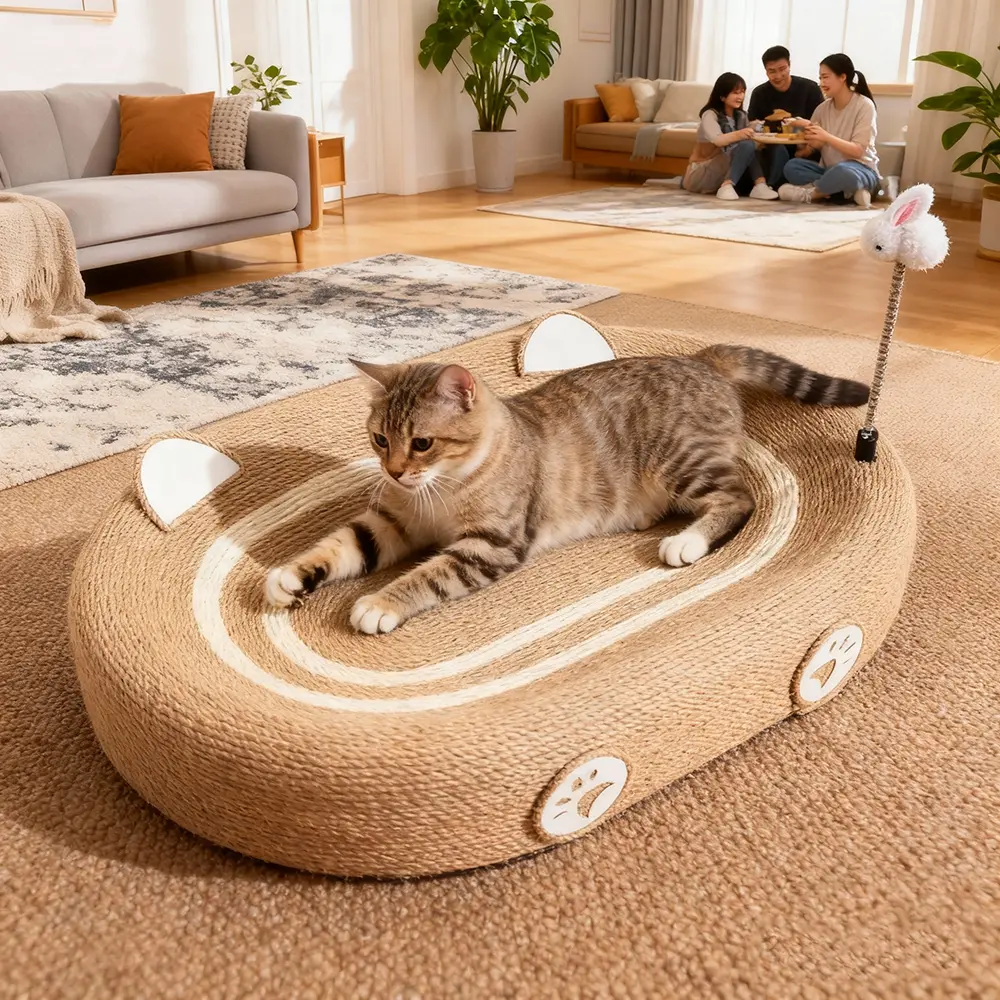 LHU Cat Scratcher Board, Sleeping pad, foam pad Large Brown Sisal Lounger for Indoor Cats, Dual-Purpose Resting Pad with Integrated Fun Teaser Toy Home