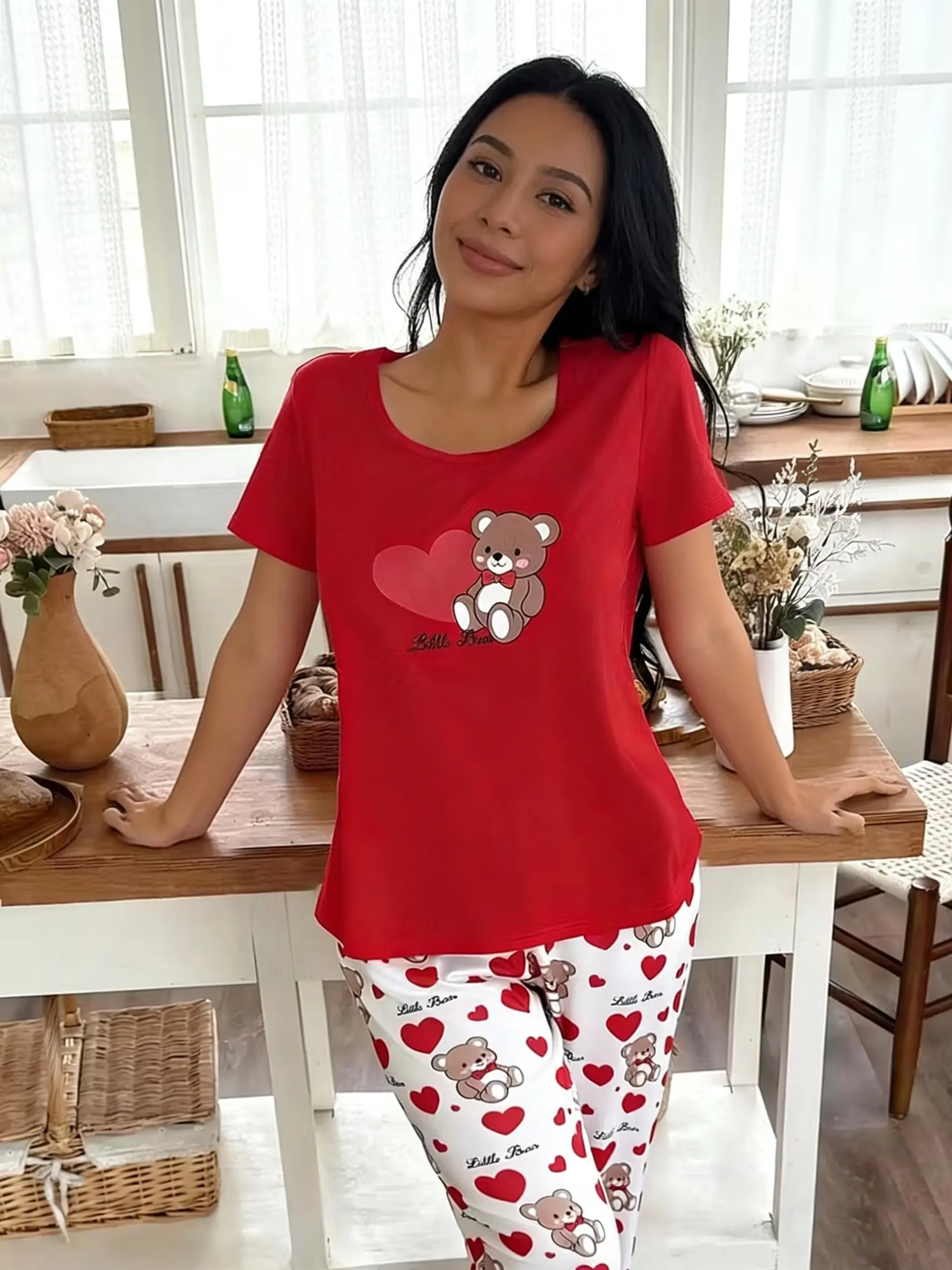 Women Cute Bear Heart Print Pajama Set Red Short Sleeve Top & All Over Print Long Pants Soft Casual Loungewear Comfy Night Sleep PJs Outfit Pajamas Sets Womenswear