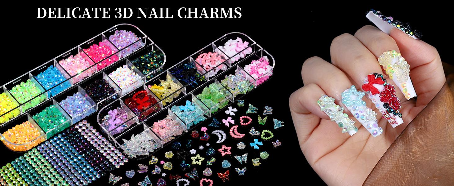 Nail Charms, Nail Rhinestones Kit with 8 Boxes of Nail Gems, 3D Charms for Nails, Colorful Clear Flatback Rhinestones, Charms Y2K for Nails, Multi Shape Pearls Jewels for Crafts