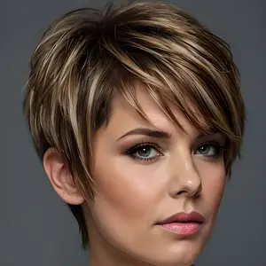 Fashionable New Women's Natural Look Short Pixie Cut Wig - 180% Density Brazilian Human Hair, Glueless No-Maintenance Wig with Bangs & Layered Straight Hair, Rose Net Cap for Everyday & Special Events, Machine-Made Easy-to-Wear Hairpiece for All Light Bei