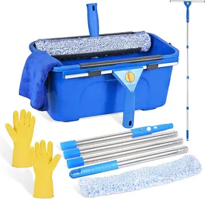Professional Window Cleaning Kit with 3 Gallon Bucket, 14-Inch Squeegee, 15-Inch Scrubber, 61-Inch Extendable Pole, Window Cleaning Equipment for Home & Commercial Use