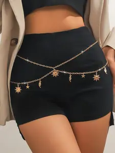 1pc Stylish Women'S Star and Moon Metal Belt - Chic Tassel Detail, Adjustable Chain Waist Belt for Bikini, Beach, and Casual Maximalist Jewelry Body Jewelry