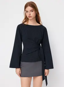 Boat Neck Stripe Knotted Bell Sleeve Blouse