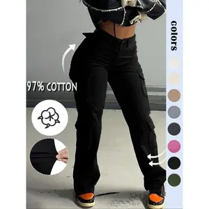 Women’s plain high-waisted cargo pants with a street-fashion pocket design—comfortable trousers for daily wear; ladies’ bottoms suitable for all seasons; loose-fit women’s clothing made from cotton.