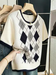 Vintage Plaid Knit Top, Loose Fit Slimming Design, Casual Versatile Daily Wear, Comfortable Commute, Women's Fashion