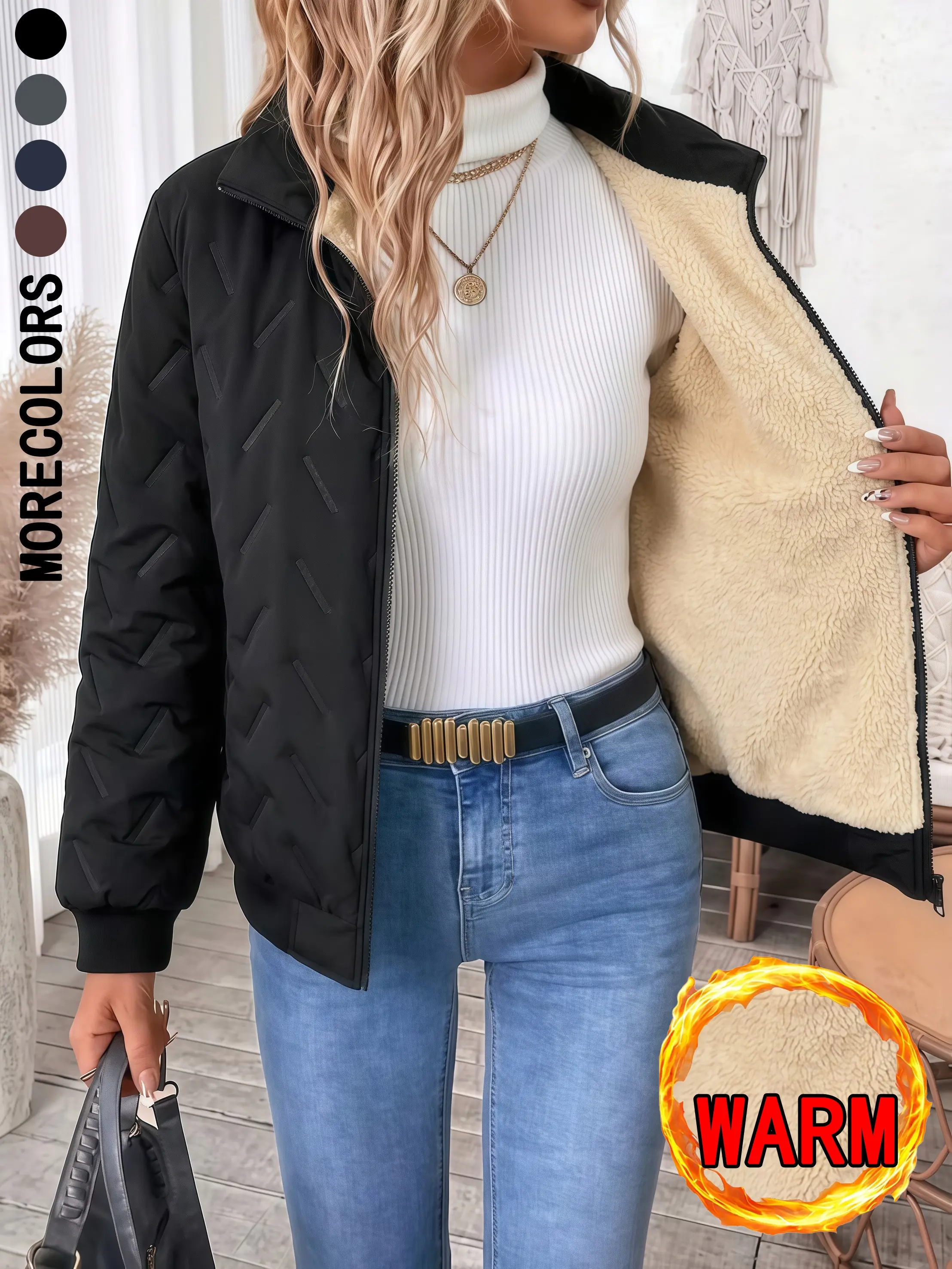 Women’s autumn/winter fleece-lined warm jacket, versatile commuter jacket with pockets