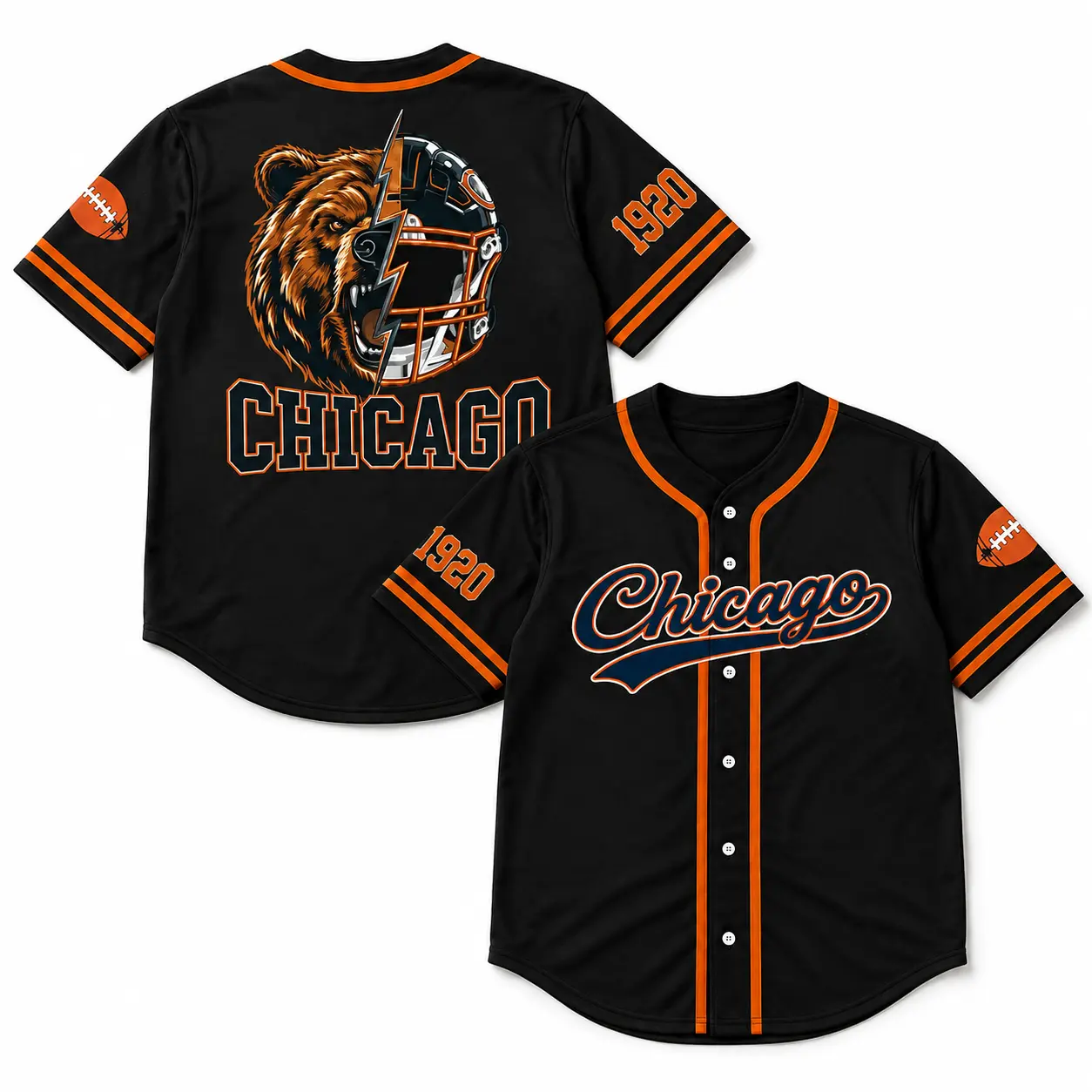Unisex Black-Orange Football Bear Button-Front Baseball Jersey - Short Sleeve Tops, Lightweight Poly, Roomy Cut, Sublimated Print, Bold Graphics, Sporty Chic Game-Day Wear, Sports Fan Gift