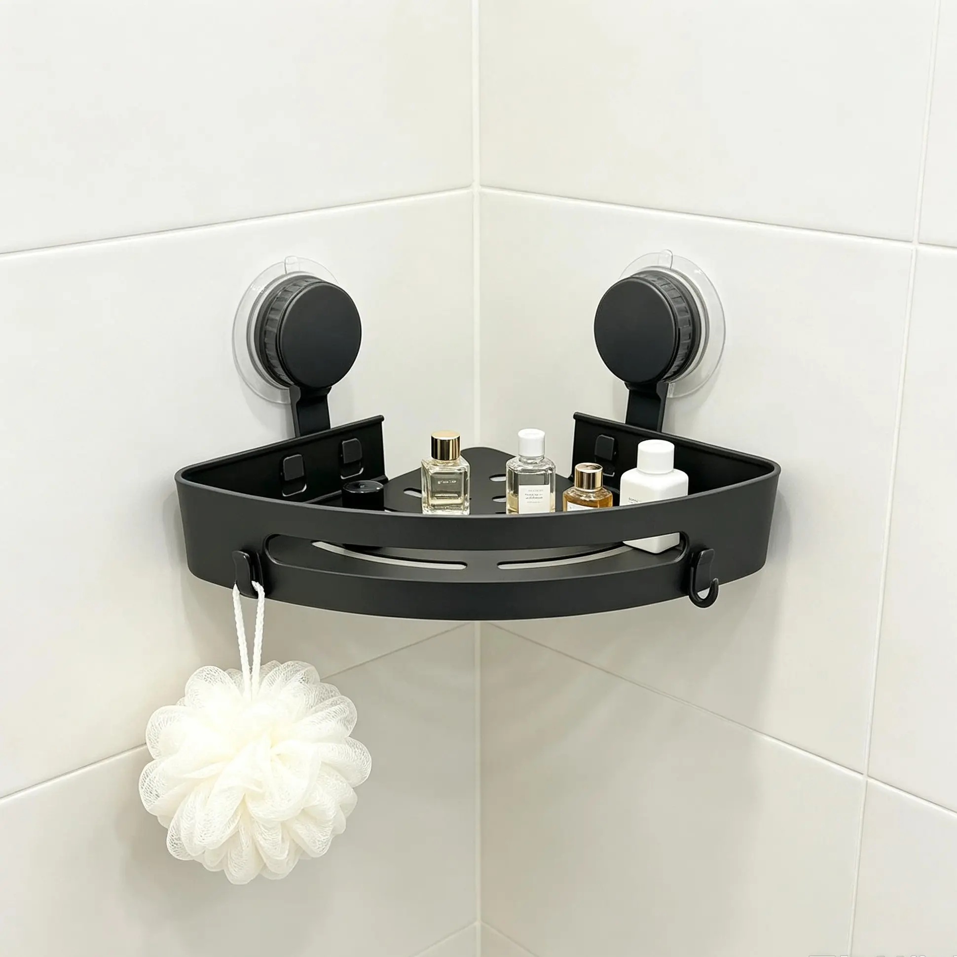 No-Drill Suction Triangular Corner Shower Organizer - Bathroom Accessories Organizer with Renter-Safe Mount, Smooth-Surface Grip, Durable Strong-Hold, Space-Saving Home Supply for Clean Bathrooms