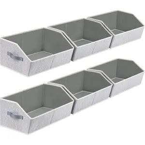 Closet Organizers Bins 6 Packs - Large Closet Shelf Organizer with Handles, Fabric Trapezoid Storage Bins, Collapsible Storage Cubes for Clothes, Towels, Light Gray