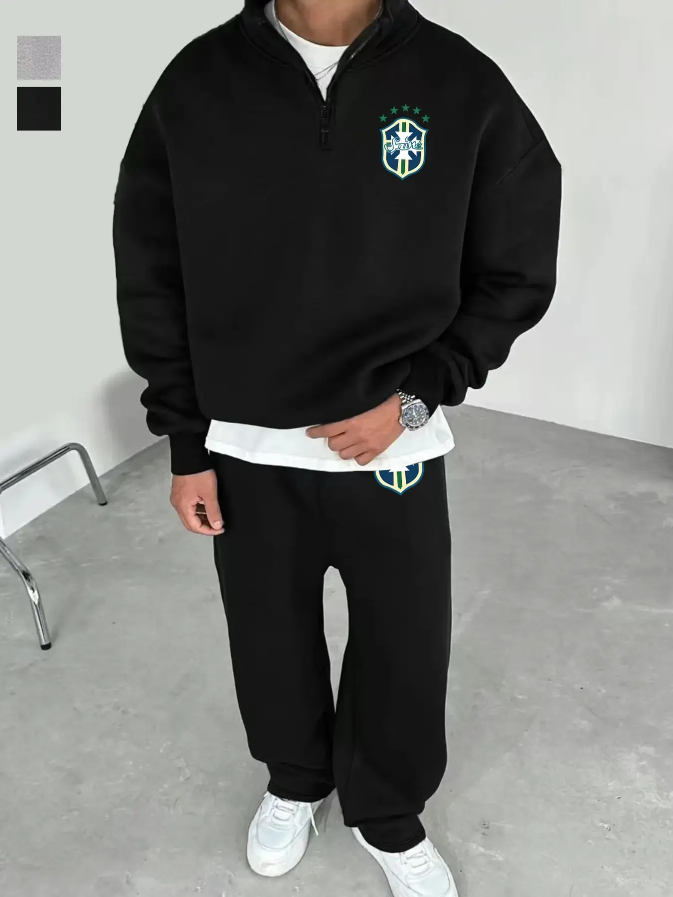 Men's Sportswear Set, Half-Zip Hoodie & Casual Pants, Brazil National Team Logo, Ideal for Daily Wear or Sports