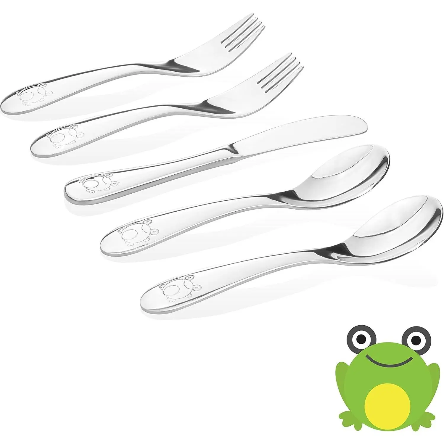 Kids Stainless Steel Utensil Set | Premium #304 (18/8) | Adorable Frog Design | 5-piece Set: 2 Spoons, 2 Forks, & 1 Butter Knife | Safe & Durable for Toddlers and Children | by Kiddobloom Cutlery Tableware