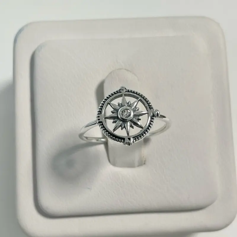 Sterling Silver 925 CZ Nautical Star Compass Dainty Ring
