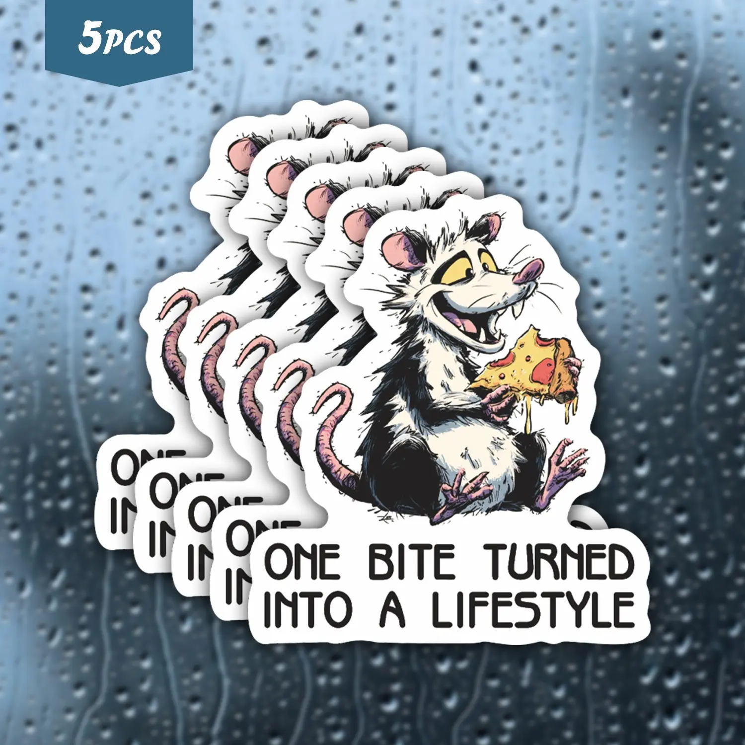 5PCS Food-Obsessed & Playful Cartoon Opossum "One Bite Turned Into A Lifestyle" Waterproof Vinyl Sticker, Self-Adhesive Single-Use Decal, Suitable For Water Bottles, Laptops, Cars, Tablets And More, Ideal For Opossum, Pizza And Food Enthusiasts