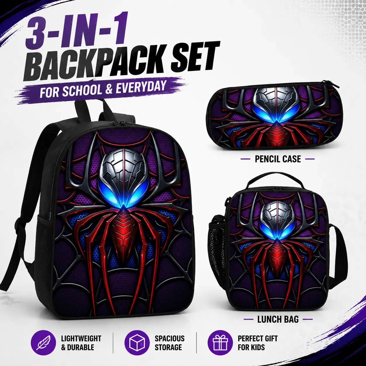 Cyber Mech Spider Graphic Print Men's Fashion Accessory Set, Urban Streetwear Utility Daypack Combo, Tech Armor Metallic Purple Red Travel Shoulder Bag, Hip Hop Casual Outerwear Matching Piece Pack Gift