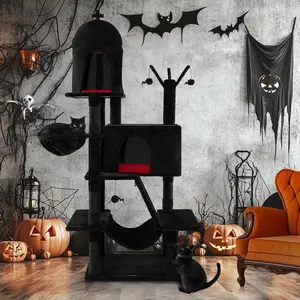 COSTWAY - Gothic Cat Tree with 2 Cat Condos and Spooky Dangling Ball for Indoor Cats-Black
