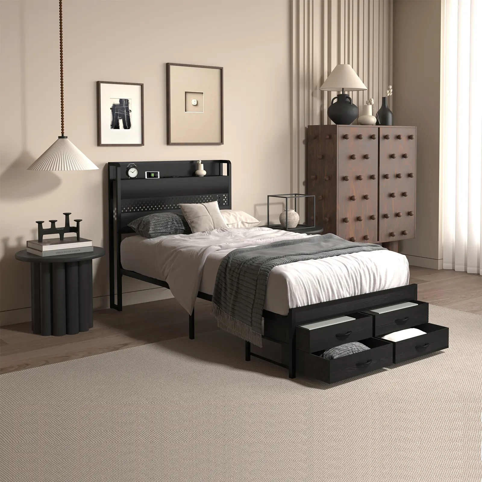 Twin Bed Frames with Headboard, Twin Size Bed Frames with Storage Drawers & Charging Headboard , 4 Drawers,Smart LED Bed Frame, Single Bed Frame, No Box Spring Needed,Noise-Free,Dorm essentials,bedroom accessories