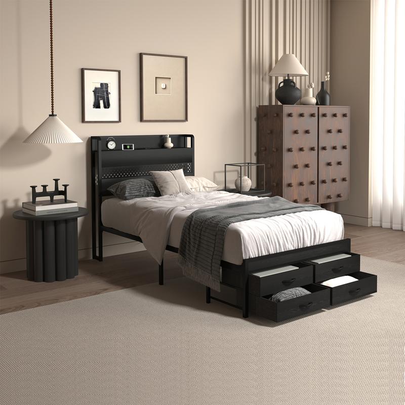 Twin Bed Frames with Headboard, Twin Size Bed Frames with Storage Drawers & Charging Headboard , 4 Drawers,Smart LED Bed Frame, Single Bed Frame, No Box Spring Needed,Noise-Free,Dorm essentials,bedroom accessories Twin Bed Frames with Headboard, Twin Size Bed Frames with Storage Drawers & Charging Headboard , 4 Drawers,Smart LED Bed Frame, Single Bed Frame, No Box Spring Needed,Noise-Free,Dorm essentials,bedroom accessories