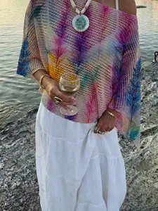 Elegant Watercolor Abstract Plant Leaf Print One-Shoulder Long Sleeve Knit Mesh Top, Comfortable Breathable Women's Shirt, Casual Vacation Style