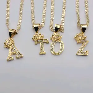 Letters with Crown and Clear Stones A to Z 18k color, Chain 14k color 24 & 18 Inches 4mm Laminated Gold Necklace.