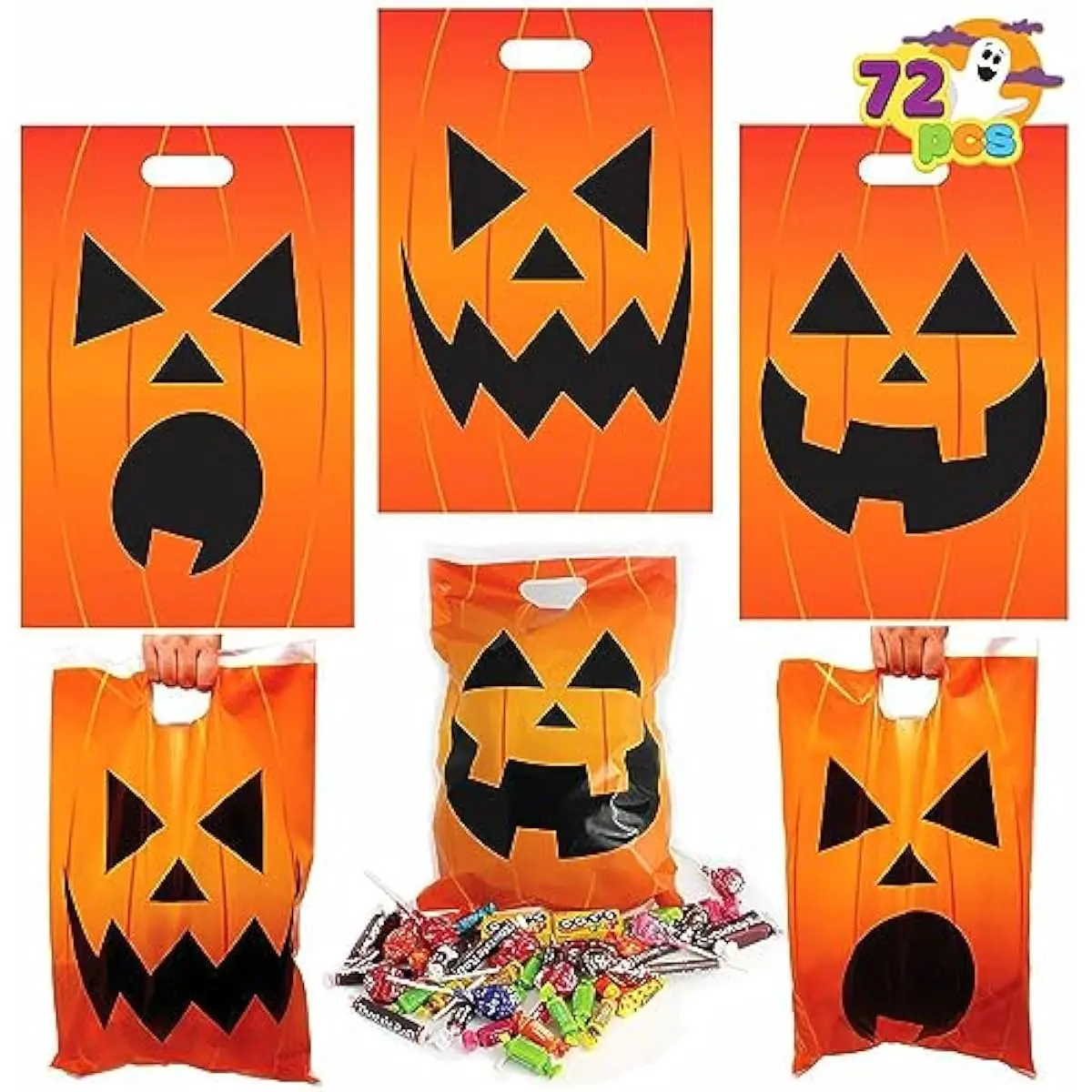 72 Pcs Halloween Goodie Bag, Pumpkin Plastic Candy Bags for Kids trick or treating, Halloween Jack o' Lantern Trick or Treat Bags for Snacks Party Favors, Treats Party Supplies