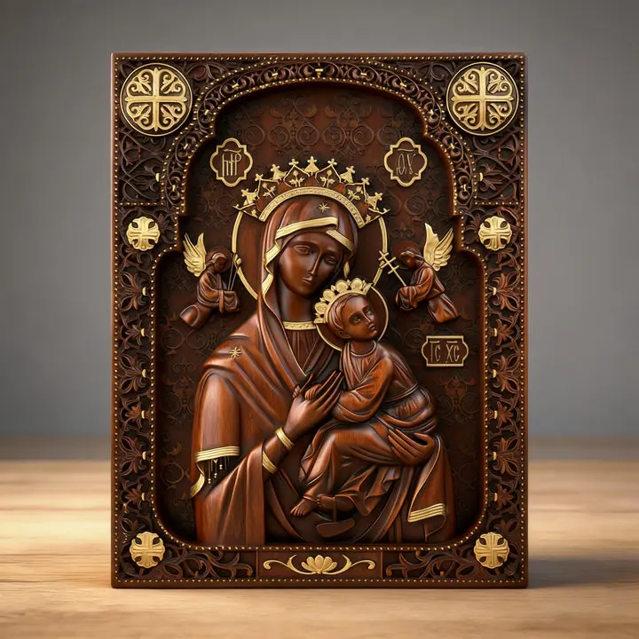 Handmade Natural Wood Iconic Our Lady of Perpetual Help Religious Decor - Hand-Carved Multi-Size Catholic Baptism Gift - 25×20×1.8 cm/35×28×2.5 cm Mother Mary Figure for Prayer Corner, One-Piece, Prayer Focus