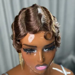 ShowRealHair 9012 Finger Wave Wigs Short Curly Short Pixie Cut Wigs For Black Women Finger Ocean Wave Wig Remy Human Hair Glueless Wig No Lace Wigs for Black Women