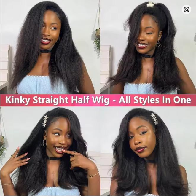 Bling Hair Kinky Straight Half Wigs Glueless 3 IN 1 Half Wig With Drawstring 100% Human Hair Wig Seamless Clip Ins Flip Over