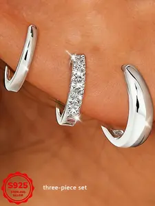 Creative Simple S925 Sterling Silver Micro Inlay Asymmetric Layered Earring Set, Minimalist Daily Wear Three-Piece Jewelry