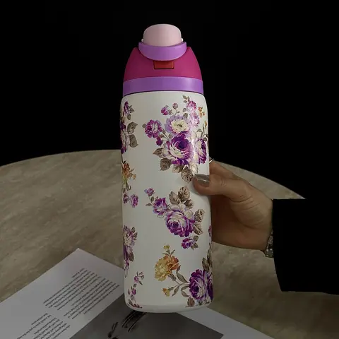 Floral Pattern Vacuum Flask, 1 Count 24oz/32oz/40oz Stainless Steel Thermal Insulated Water Bottle with Straw, Drinking Cup for Home Office School Outdoor, Drinkware Thermo Tumbler, Tumbler with Lid, Travel Tumbler, Hydration Tumbler, Flask Water Bottles