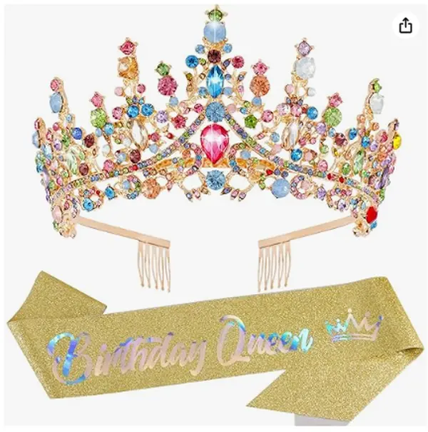 2 PCSColourful Crystal Birthday Queen Tiara Crown for Women Girls Birthday Queen Headband Sash Elegant Princess Crown with Combs Hair Accessories Happy Birth Party Decorations Mom Birth Gift