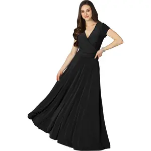 Womens Sexy Cap Short Sleeve V-Neck Flowy Cocktail Gown