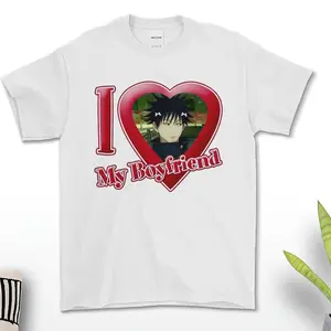 Adorable I Love My Boyfriend Tee Featuring Sad Anime Boy Megumi Fushiguro Heart Meme – Ideal Gift for Jujutsu Kaisen Fans, Perfect for Sharing Viral Couple Vibes with Your Special Someone