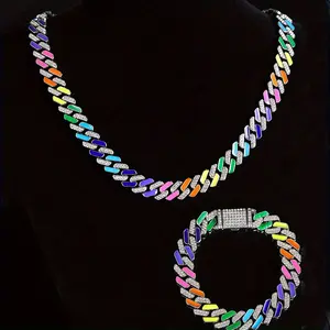 2pcs of Hip-Hop Fashion Style Colorful Oil Drop Spliced Innovative -Shaped Men'S Cuban Chain Fully Studded Necklace