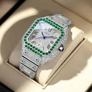 Men's 42mm Square Luxury Iced-Out Moissanite Watch - Full-Stone Bling Hip Hop Bustdown, Waterproof Quartz Wristwatch, Silver and Green Stones, Fashion Men's Accessories Jewelry
