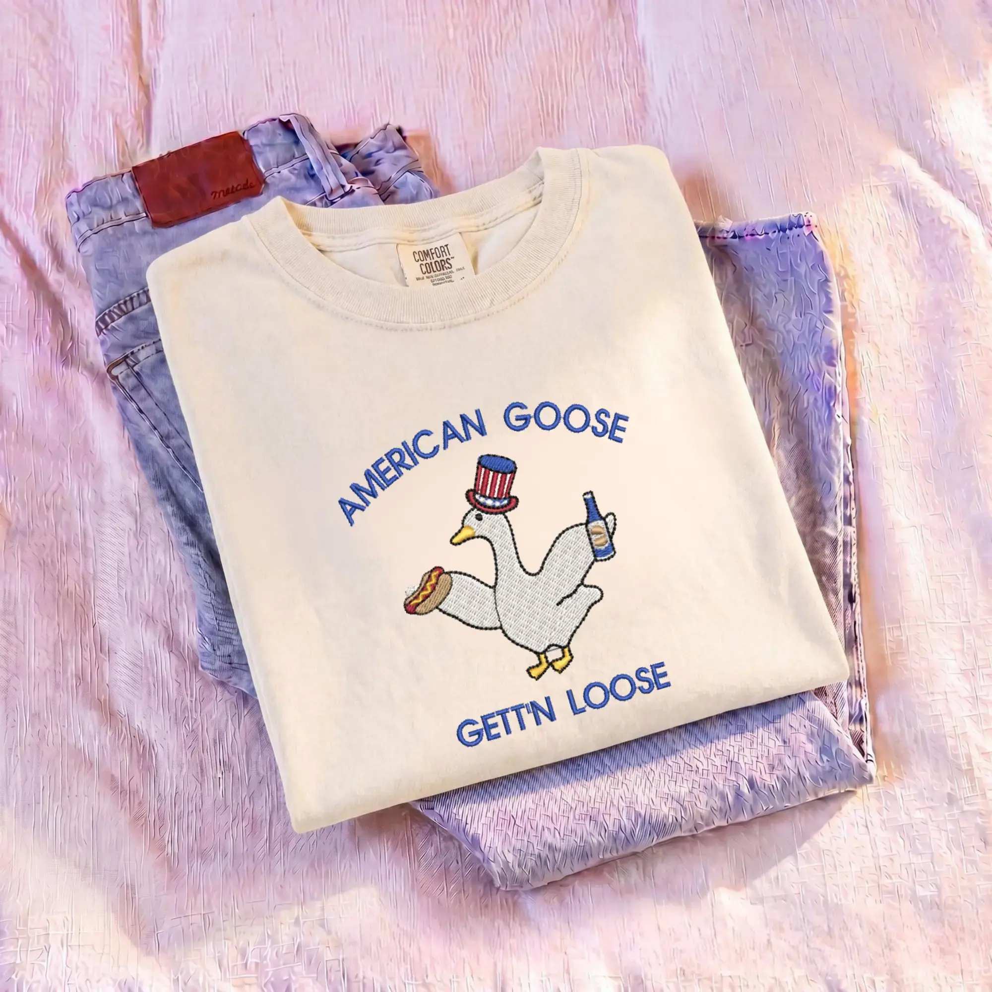 [Made in US] American Goose Embroidered Comfort Colors T-Shirt, Funny Patriotic Goose Tee, Fourth of July Outfit, Vintage USA Shirt