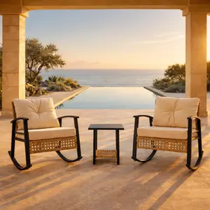 Outdoor Wicker Rocking Chair Set with 2-Tier Table & Thick Cushions