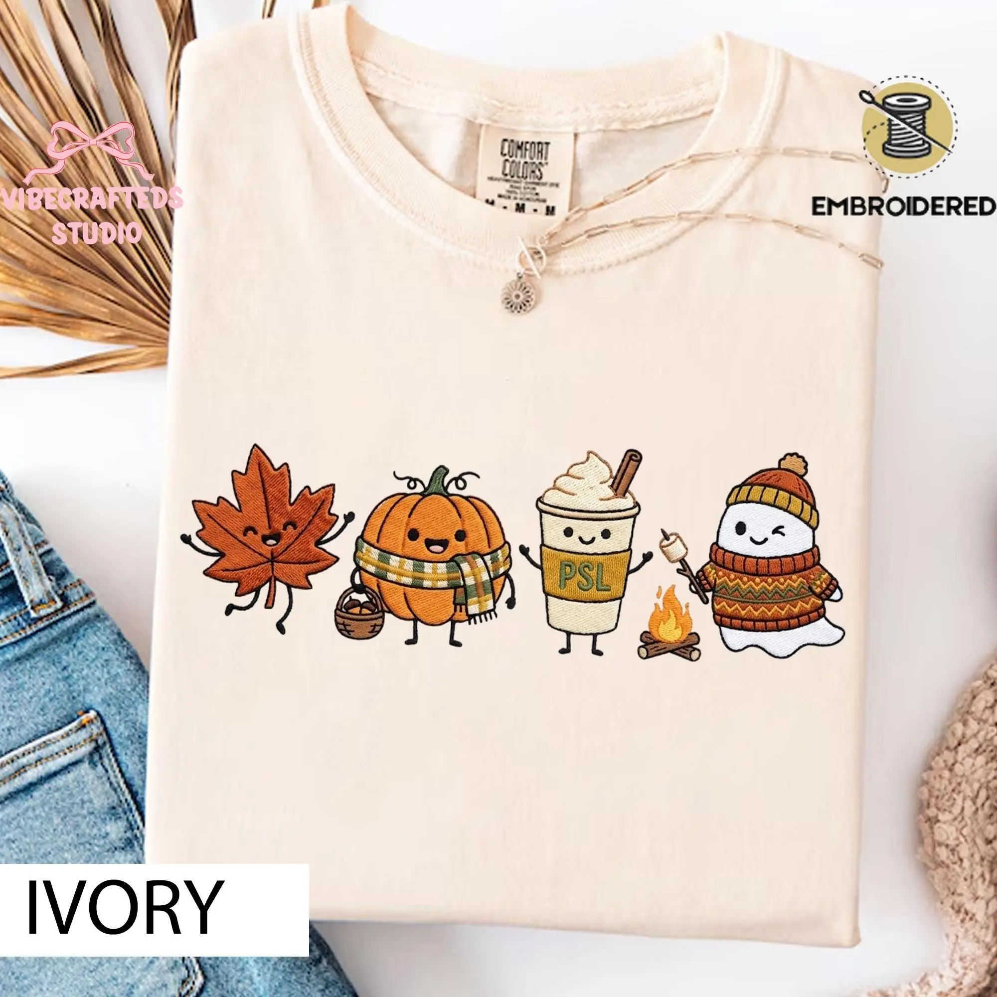 Cute Fall doodles Embroidered Shirt, Autumn Doodle Embroidery Tee, Pumpkin Ghost PSL Comfort Colors Shirt, Cozy Halloween Fall Gift