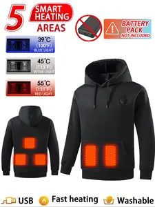 Men's Casual Plain Hooded Sweatshirt, Fitted Fall & Winter Wear, Moderate Fabric Thickness, Single-Controller Heating Function