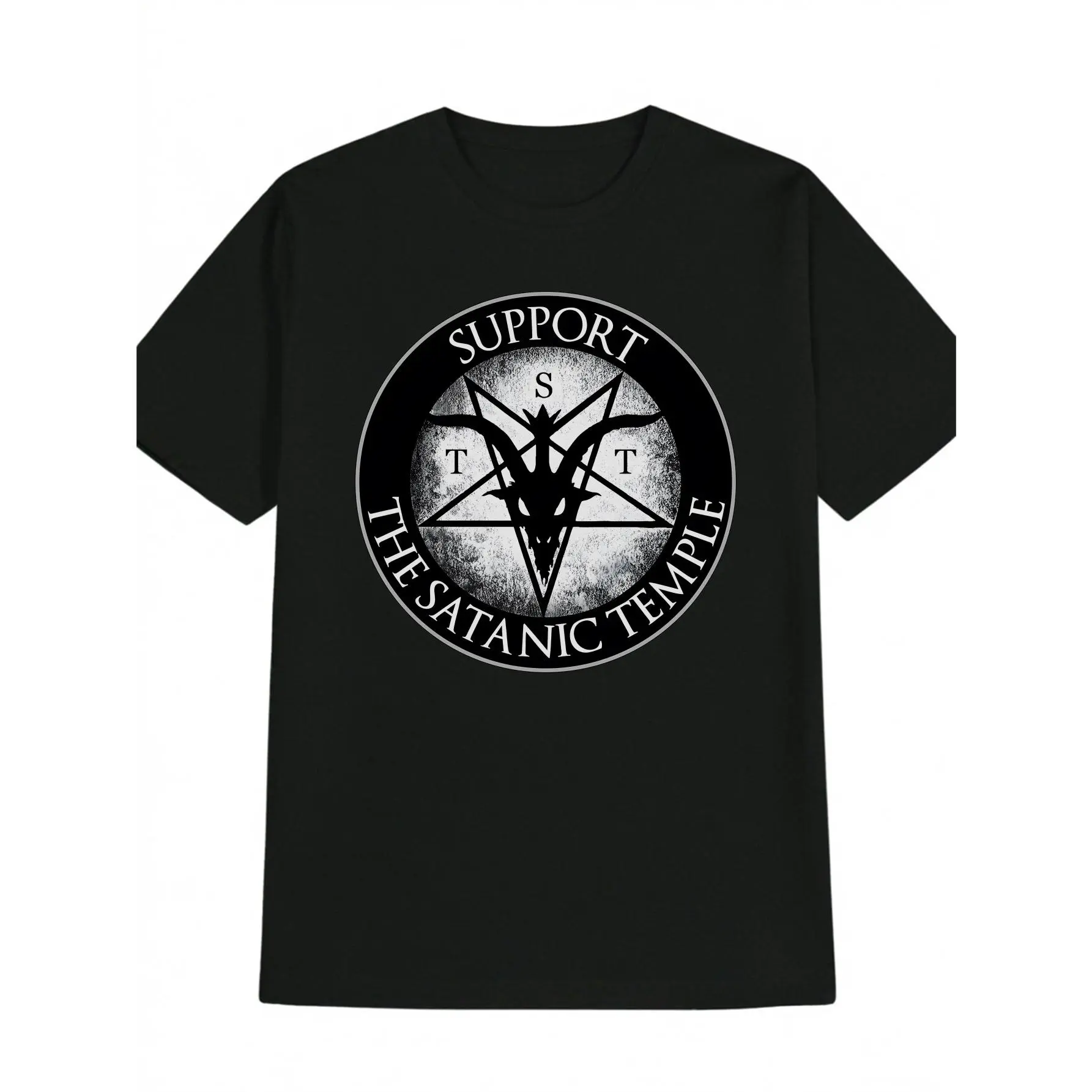 Men's Occult Shortsleeve T-Shirt - Black Goat Head Print, Pentagram Print, "Support The Satanic Temple" Text, Vintage Street Classic T-Shirts, Casual Round Neck, Edgy Comfortable Fit, Alternative Boyfriend Top, Machine Washable