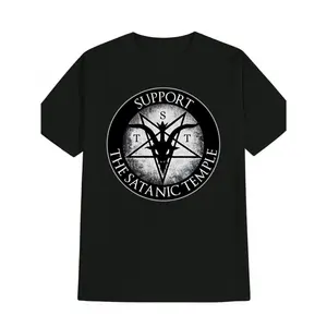 Men's Occult Graphic T-Shirt - Black Goat Head & Pentagram Print with "Support The Satanic Temple" Text - Casual Round Neck Summer Tee - Machine Washable Men's Fashion Top, Statement Shirt, Edgy Style, Comfortable Fit, Alternative Style boyfriend  tees