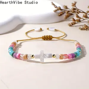 A Women'S Fashion Bracelet Bohemian Style Shell Cross Easter Blessing Card Peach Heart 3Mm Copper Bead Rice Bead Semi-Precious Stone Spacer Adjustable Bracelet