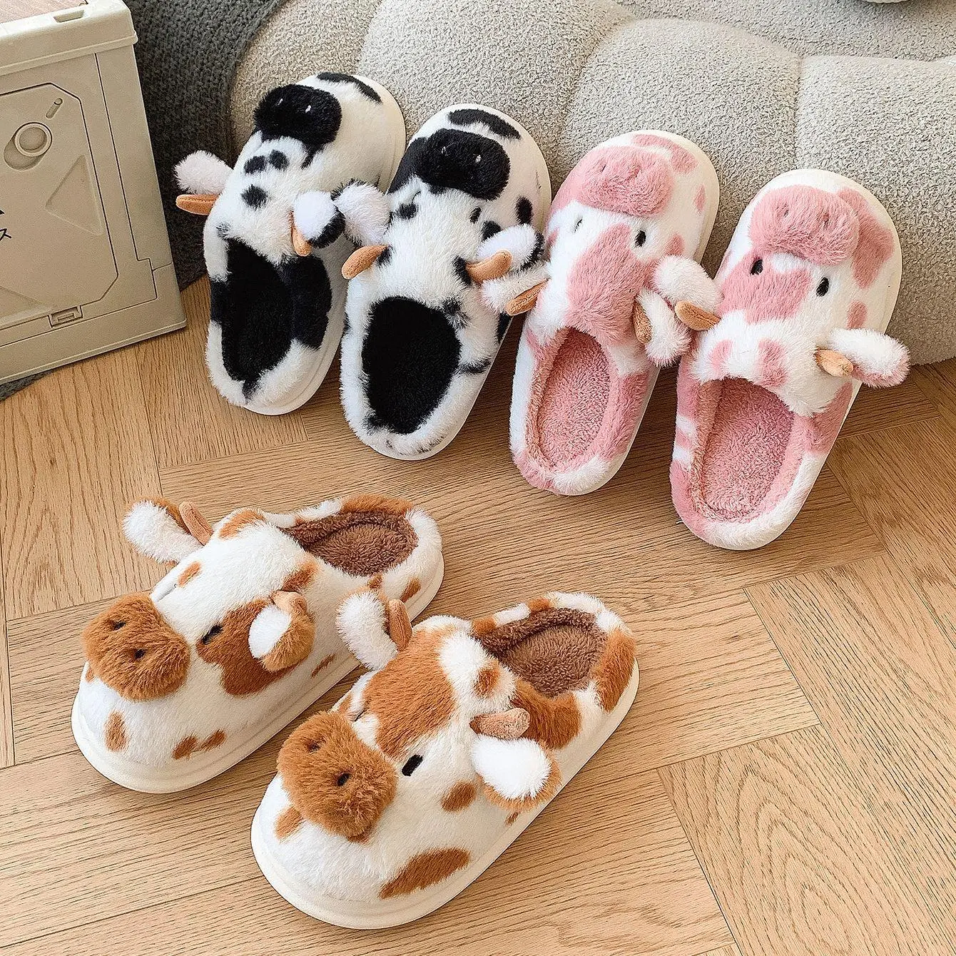 Women's Cute Fluffy Fur Slide Footwear, Cow Slippers, Winter Warm Soft Non-Slip Indoor-Outdoor Cozy Slippers, Cotton, Slippers For Women