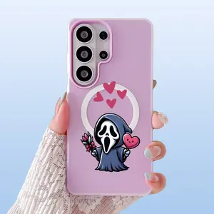 Cute Mask Ghost and Little Love Pattern Phone Case For Samsung Galaxy S26 Ultra S25 Plus S24 FE S23 S22 Luxury Candy Color 2-in-1 Shockproof Magnetic Smartphone Case Matte Soft Cellphone Casing Cover