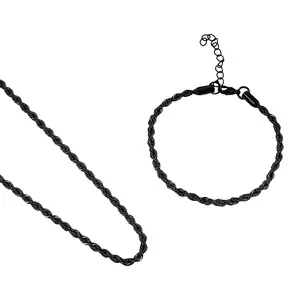 2 Piece Set - Rope Chain Bracelet 8-10In and Necklace 23-25 Inches in ION Plated Black Stainless Steel