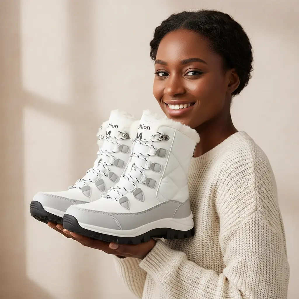 Women's White Winter Snow Boots - Waterproof Insulated Warm Fur Lined Mid-Calf Boots with Anti-Slip Sole Quilted Lace-Up Outdoor Boots for Cold Weather autumn winter warm walking shoe Footwear Girl warm plush lining hiking boot mid-calf