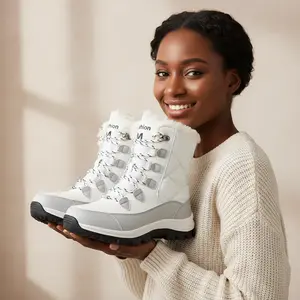 Women's White Winter Snow Boots - Waterproof Insulated Warm Fur Lined Mid-Calf Boots with Anti-Slip Sole Quilted Lace-Up Outdoor Boots for Cold Weather autumn winter warm walking shoe Footwear Girl warm plush lining hiking boot mid-calf